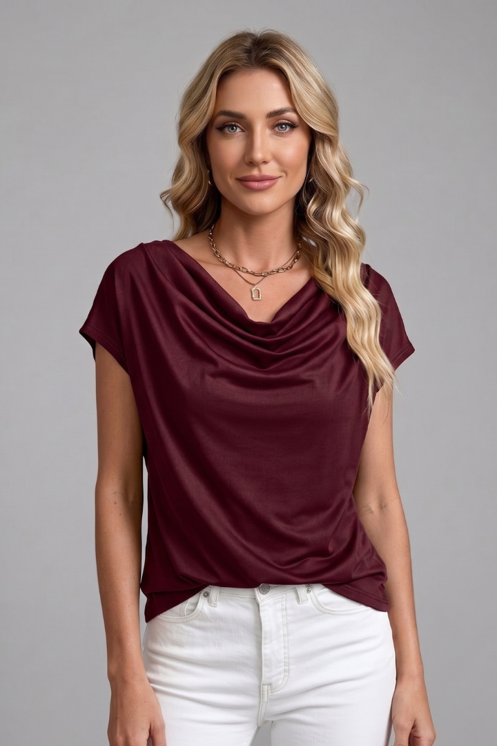 Nathalie | Women's Cowl Neck Draped Short-Sleeve Blouse