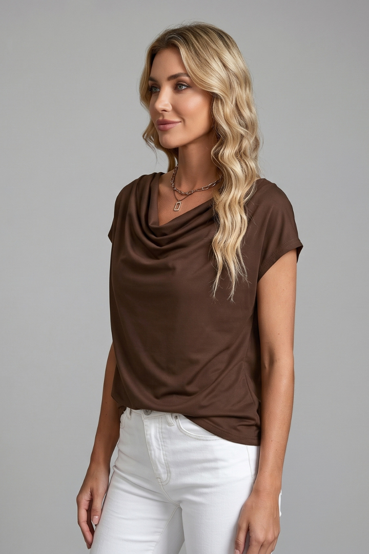 Nathalie | Women's Cowl Neck Draped Short-Sleeve Blouse