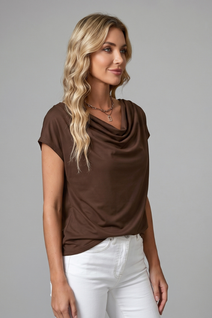 Nathalie | Women's Cowl Neck Draped Short-Sleeve Blouse