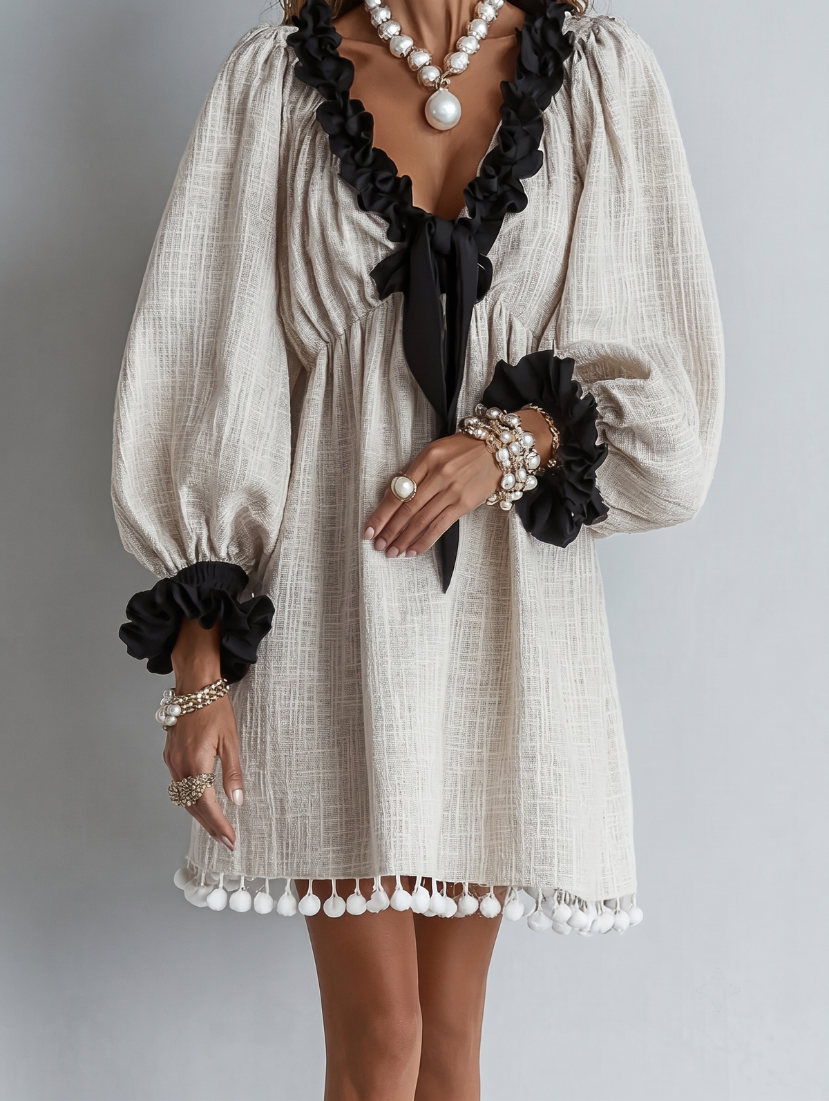 Rosalie | Women's Ruffle Neck Puff Sleeve Shift Mini Dress