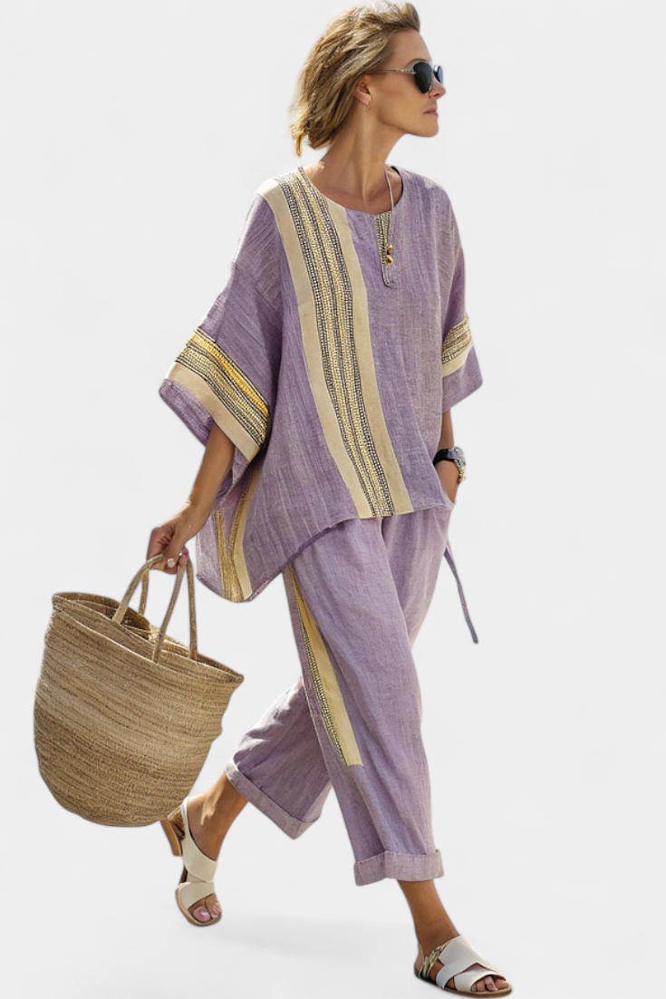 Roselyn | Women's Striped Two-Piece Set with Oversized Top and Cropped Trousers