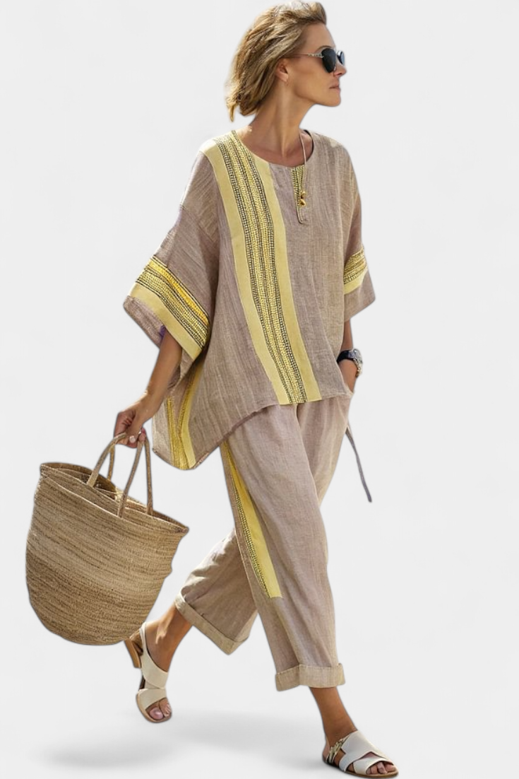 Roselyn | Women's Striped Two-Piece Set with Oversized Top and Cropped Trousers