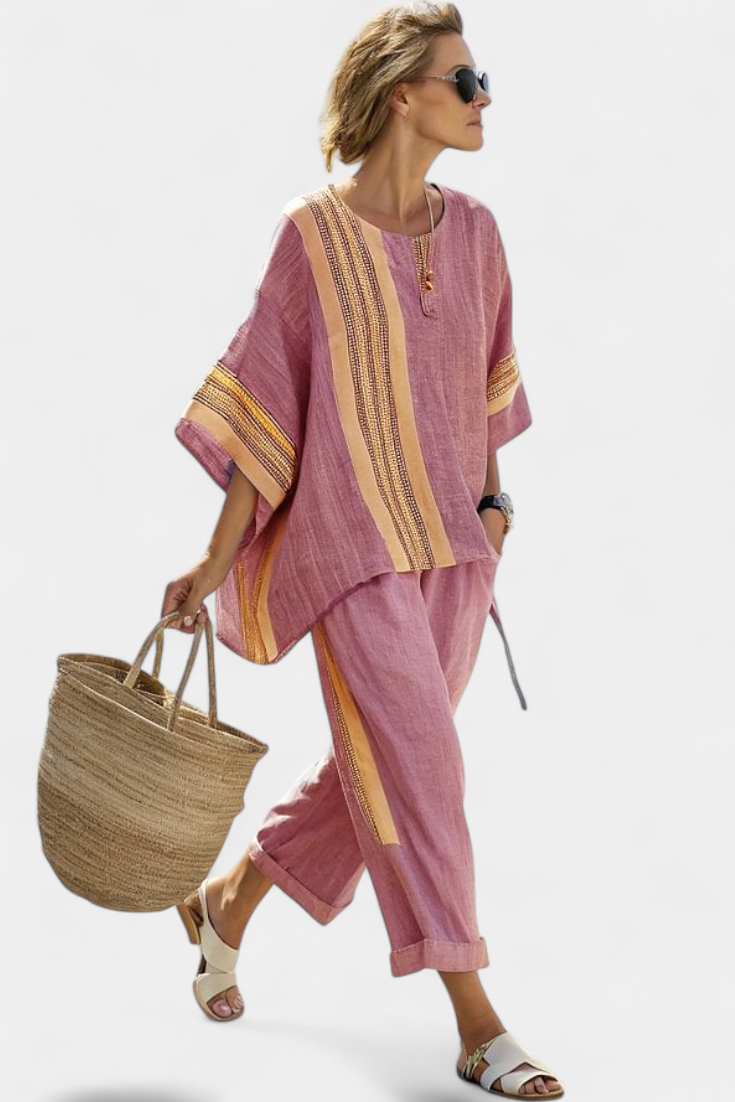 Roselyn | Women's Striped Two-Piece Set with Oversized Top and Cropped Trousers