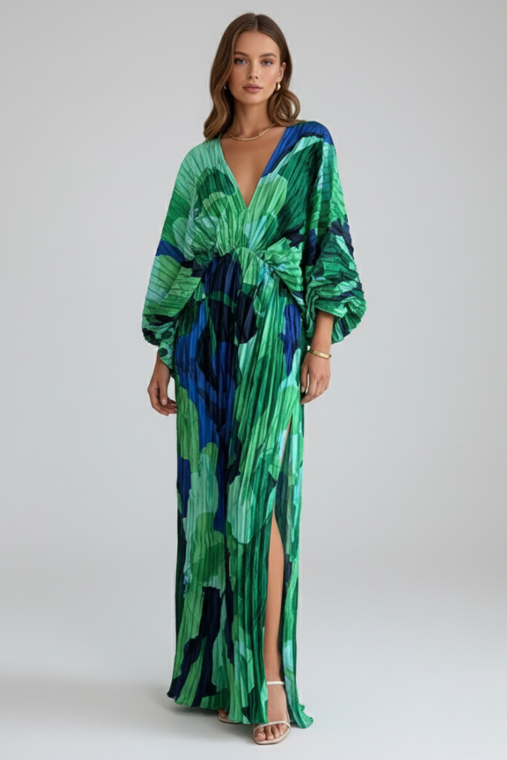 Rosette | Women's Printed Pleated Maxi Dress With Side Slit