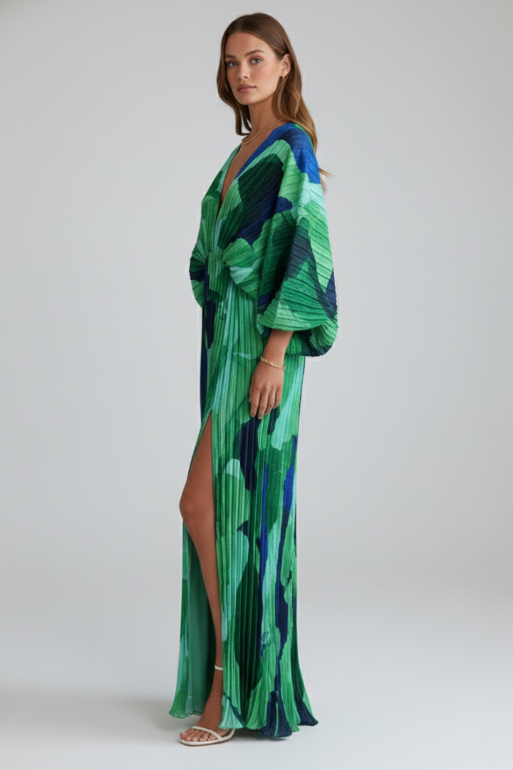 Rosette | Women's Printed Pleated Maxi Dress With Side Slit