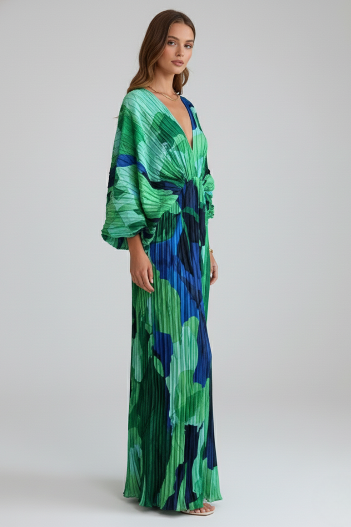 Rosette | Women's Printed Pleated Maxi Dress With Side Slit
