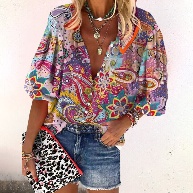 Ryza | Women’s Floral Button-Front Blouse with Short Sleeves