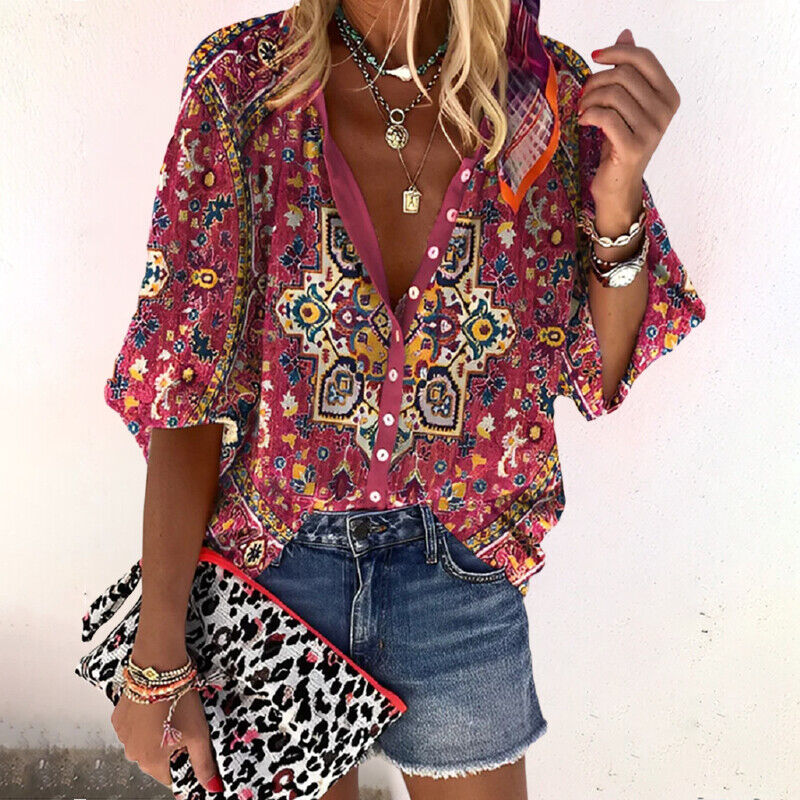 Ryza | Women’s Floral Button-Front Blouse with Short Sleeves