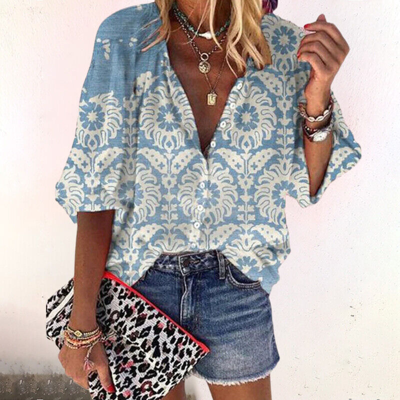Ryza | Women’s Floral Button-Front Blouse with Short Sleeves