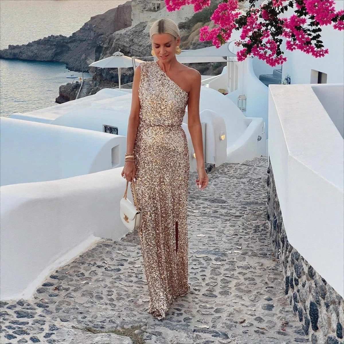 Sabrinae | Women's One-Shoulder Sequin Maxi Evening Dress