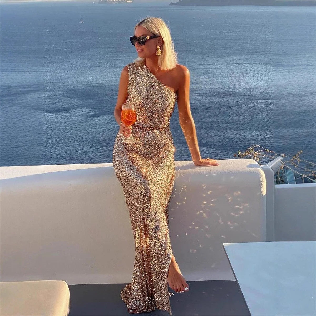 Sabrinae | Women's One-Shoulder Sequin Maxi Evening Dress