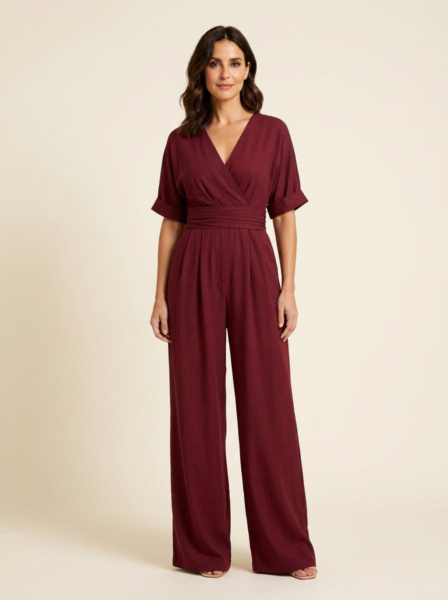 Sheila | Women's V-Neck Wide-Leg Jumpsuit with Defined Waist