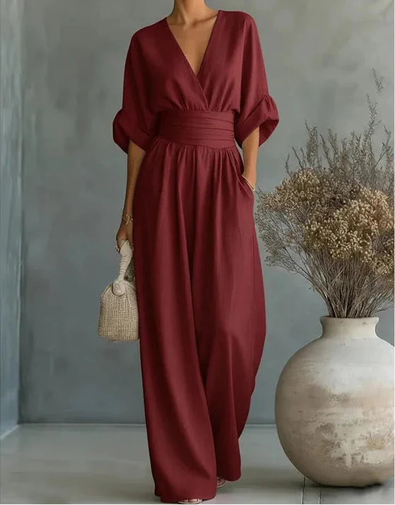 Sheila | Women's V-Neck Wide-Leg Jumpsuit with Defined Waist