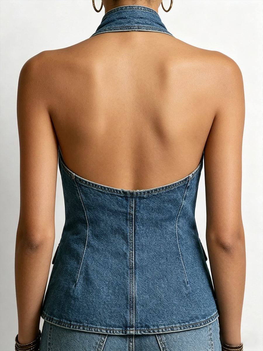 Sienna | Halter-Neck Button-Front Denim Top