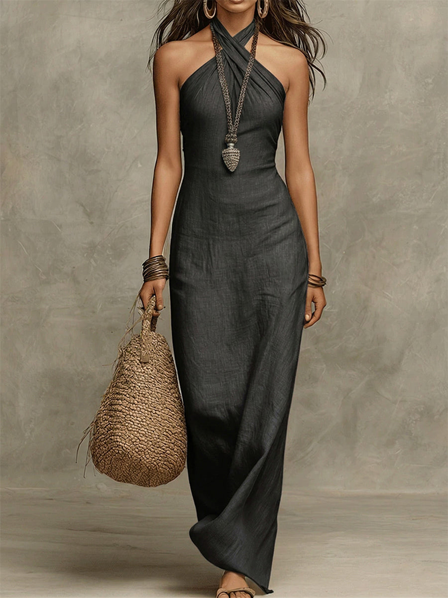 Solmira | Women's Halter-Neck Maxi Dress with Pockets