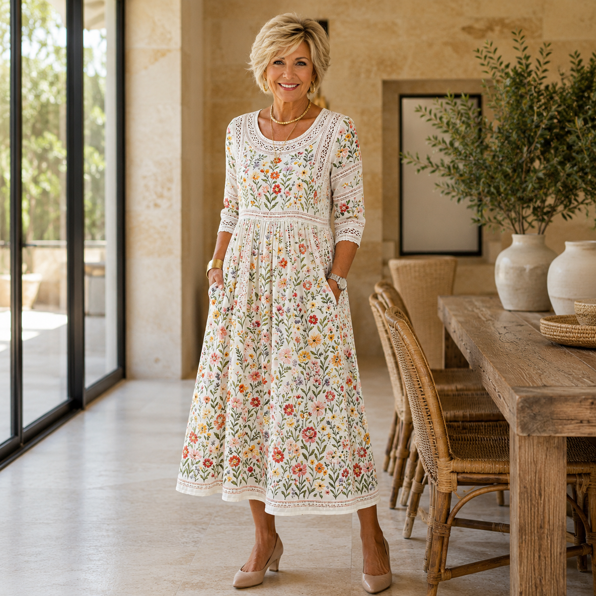 Coralie | Women’s Floral A-Line Midi Dress with Deep Side Pockets
