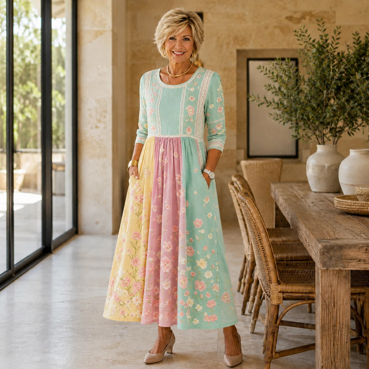 Trisha | Women’s Pastel Patchwork Floral Midi Dress with Pockets