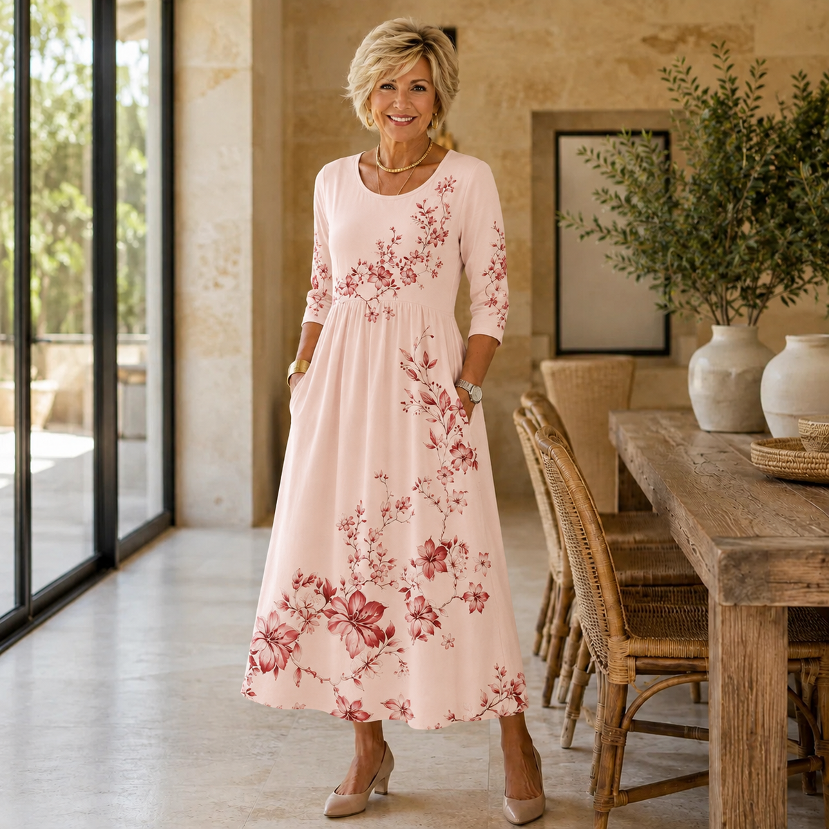 Maura | Women’s Blush Pink Floral Midi Dress with Side Pockets