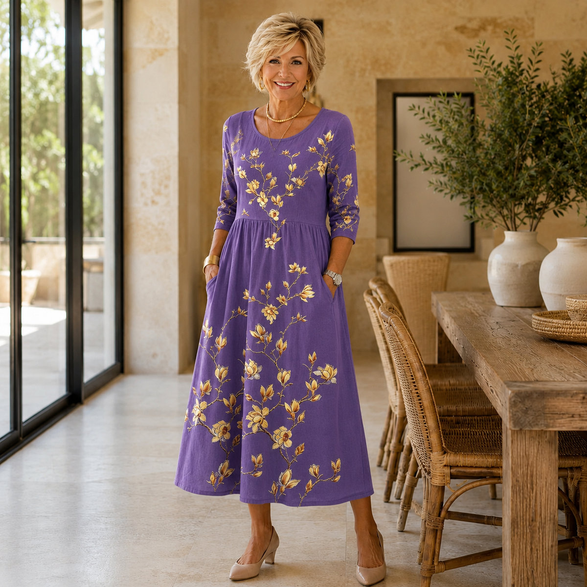 Nerissa | Women’s Purple Floral Midi Dress with Golden Botanical Print