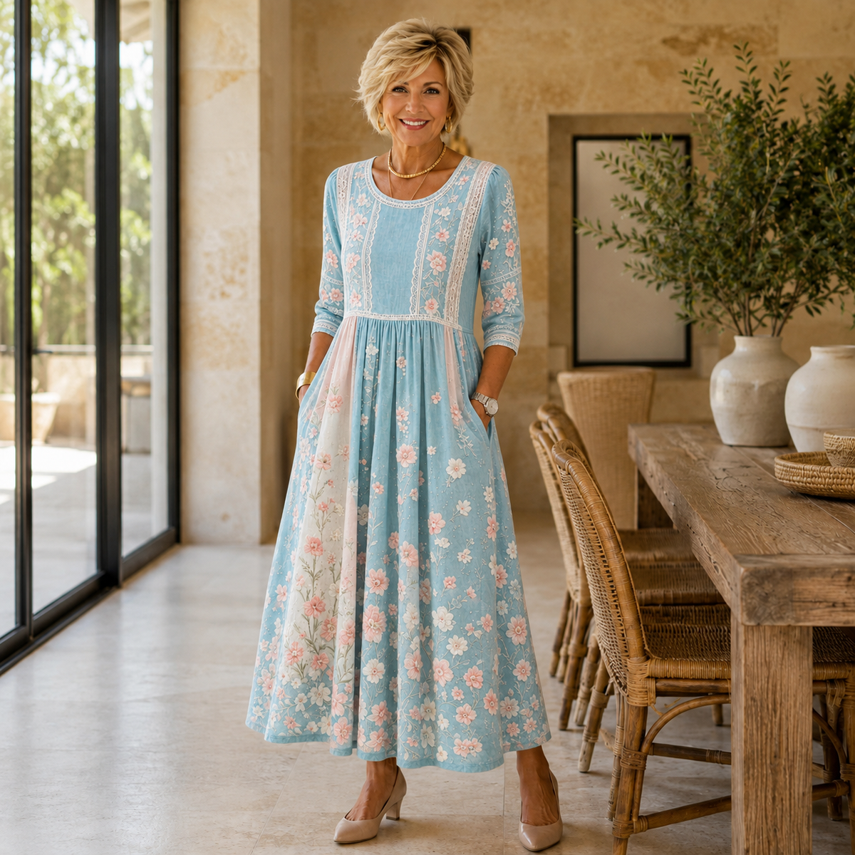 Darlene | Women’s Blue Floral Patchwork Midi Dress with Empire Waist