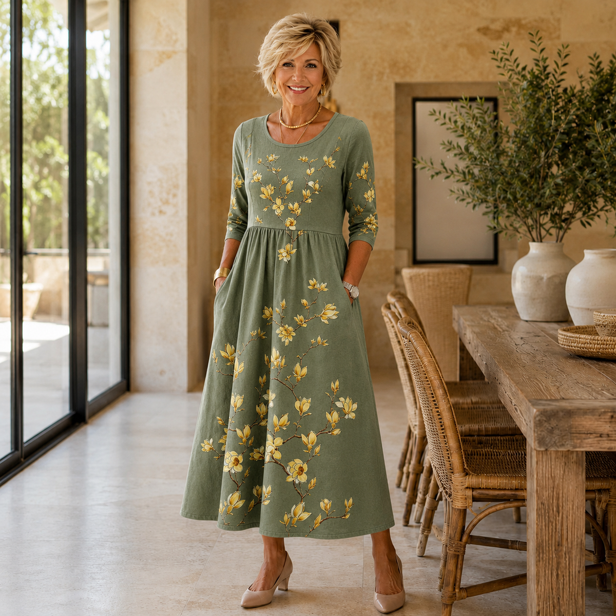 Greta | Women’s Sage Green Floral Midi Dress with Golden Botanical Print