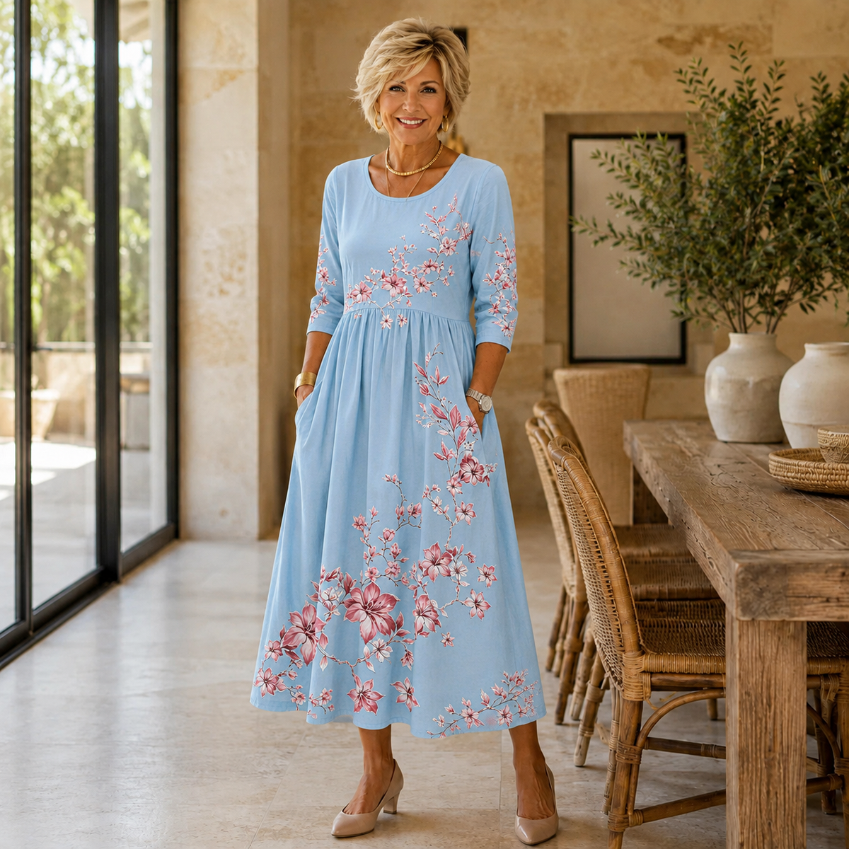 Cecily | Women’s Sky Blue Floral Midi Dress with Pink Botanical Print