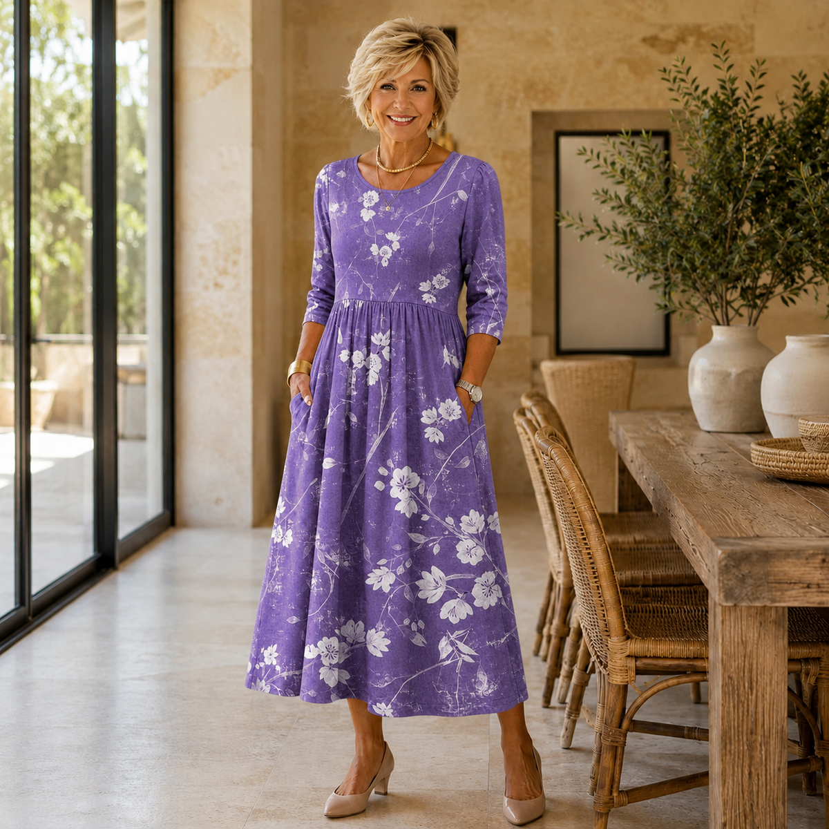 Rosalind | Women’s Lavender Floral Midi Dress with 3/4 Sleeves