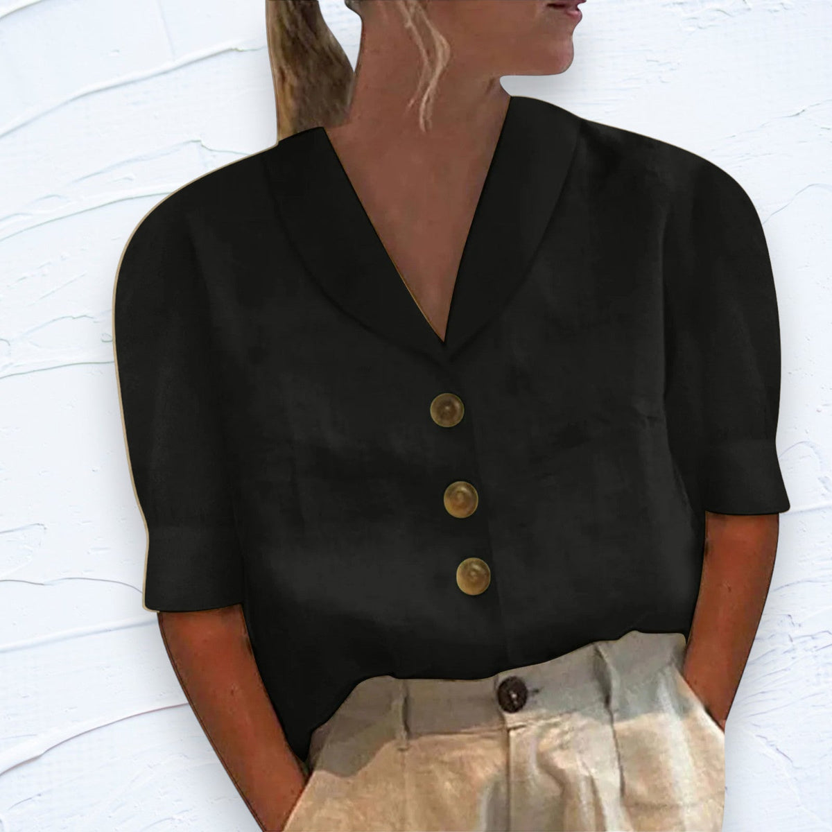 Sylvie | Women’s Shawl V-Neck Top with Cap Sleeves and Button Front