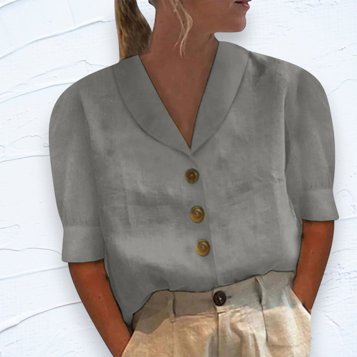 Sylvie | Women’s Shawl V-Neck Top with Cap Sleeves and Button Front
