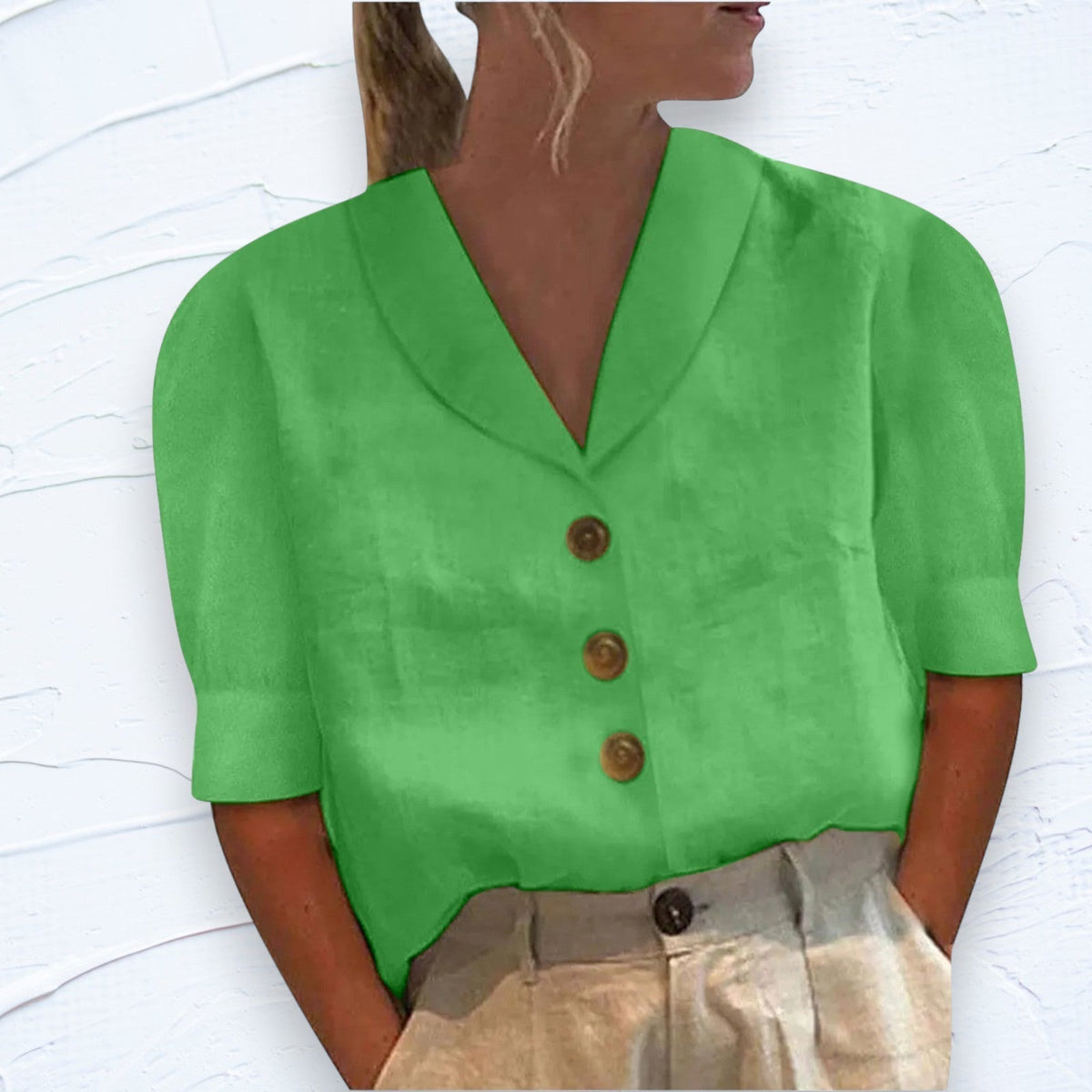 Sylvie | Women’s Shawl V-Neck Top with Cap Sleeves and Button Front