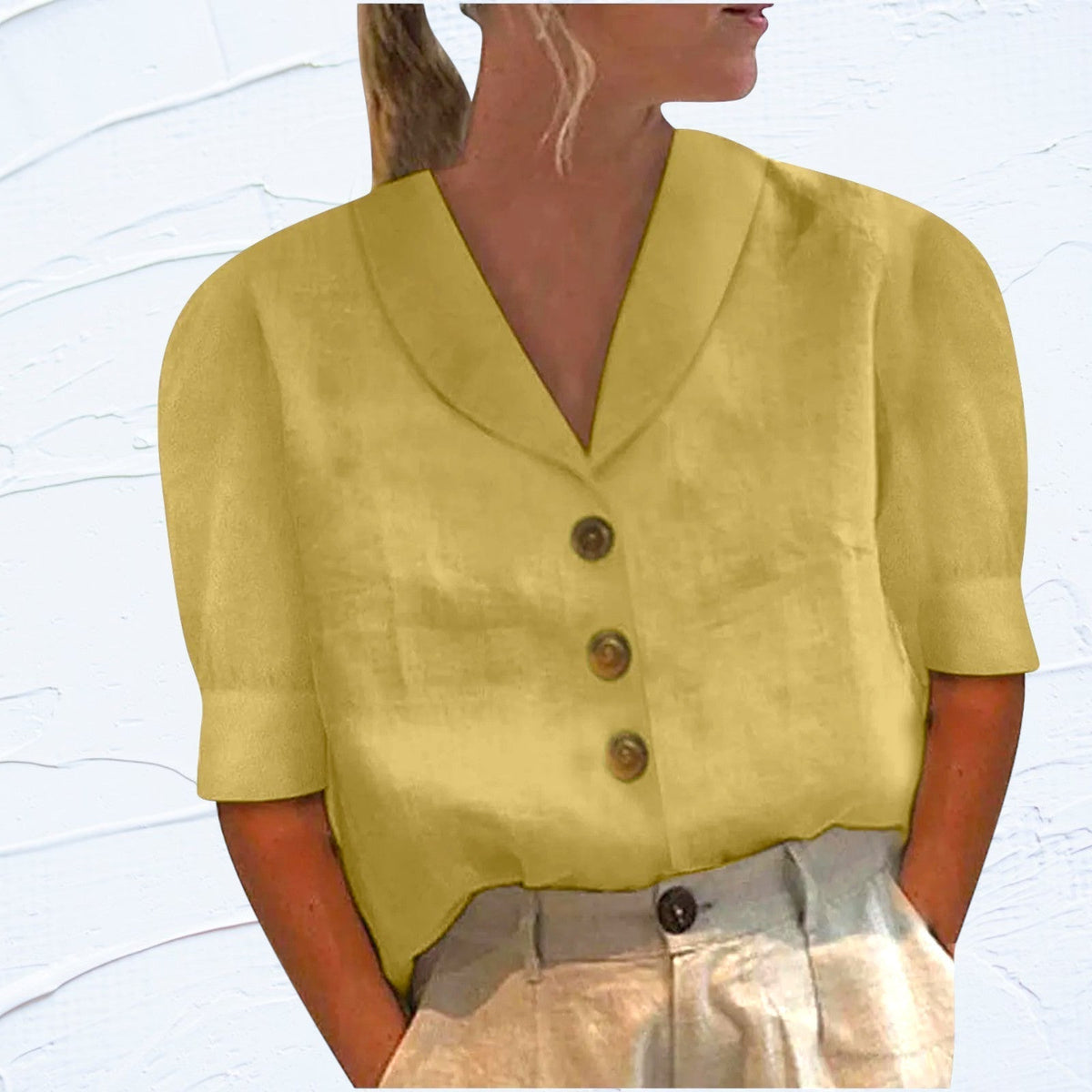 Sylvie | Women’s Shawl V-Neck Top with Cap Sleeves and Button Front