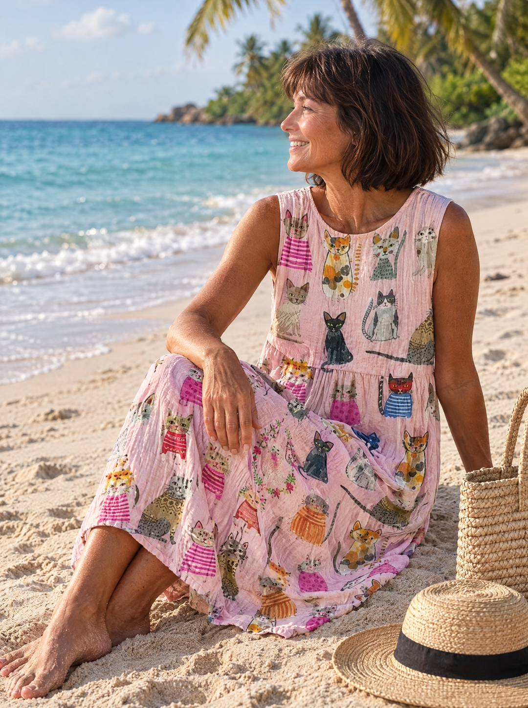 Teresa | Women's Colorful Cat Print Midi Dress