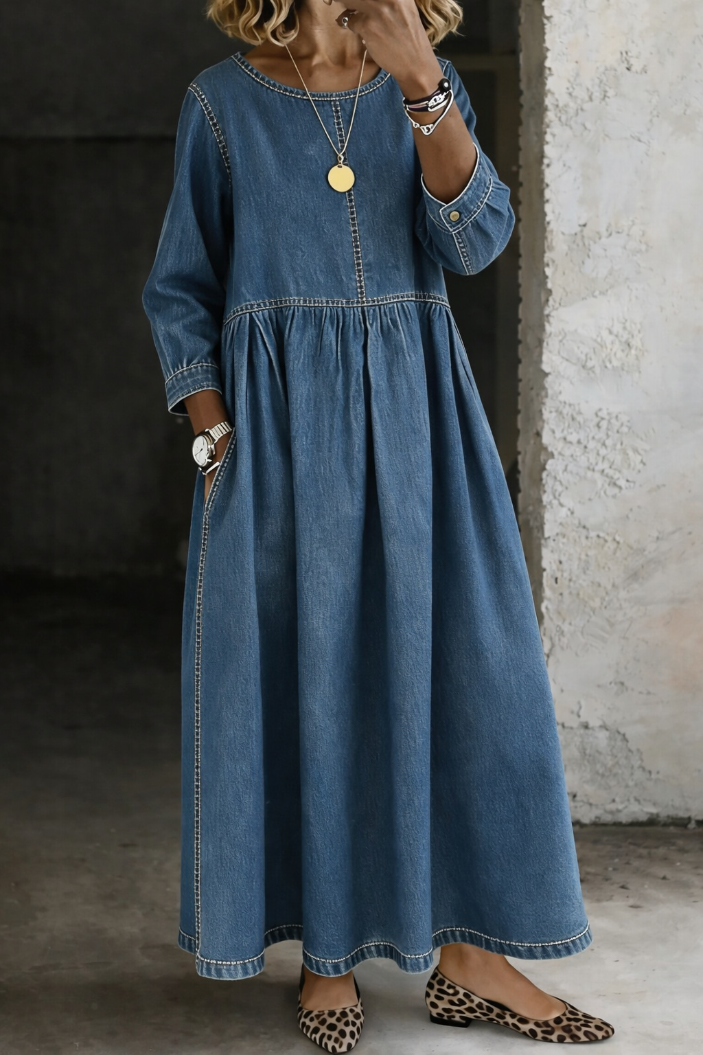 Trina | Women’s Denim Maxi Dress with Long Sleeves