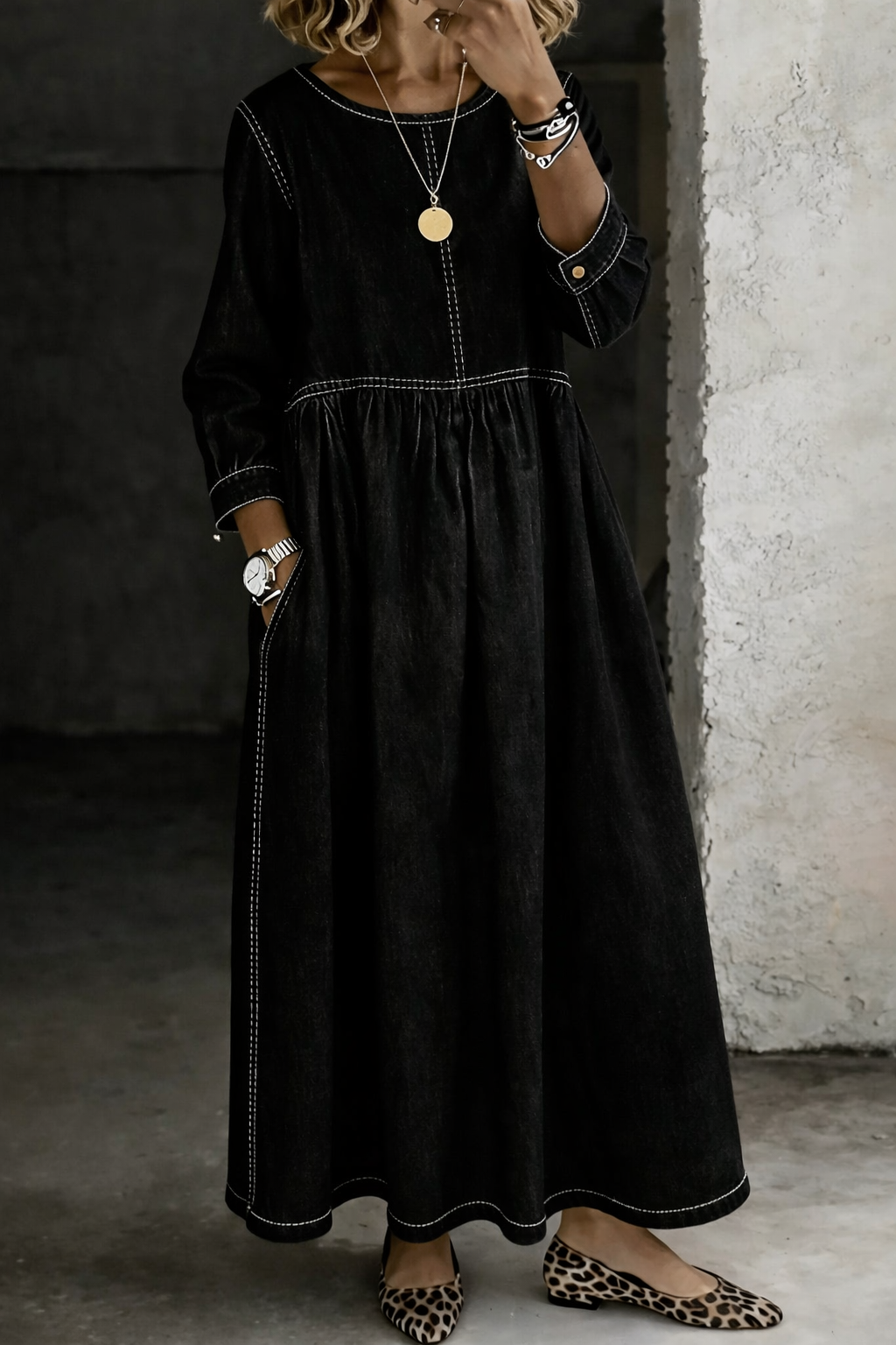 Trina | Women’s Denim Maxi Dress with Long Sleeves