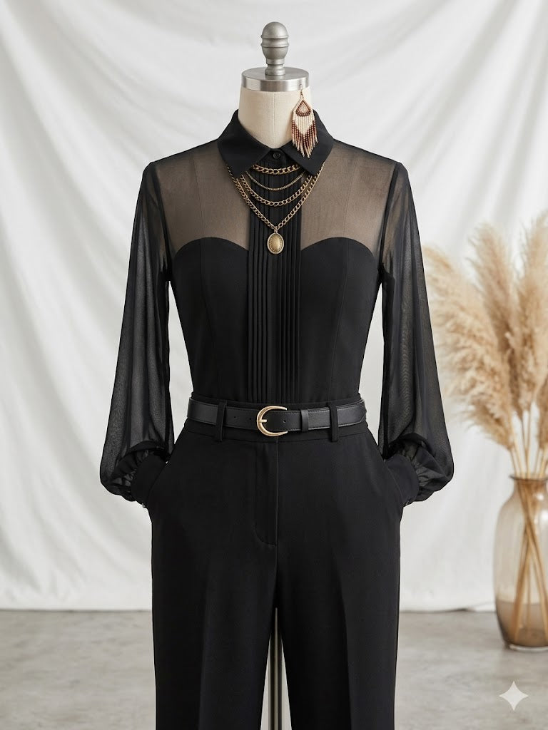 Violetta | Sheer Panel Long-Sleeve Blouse