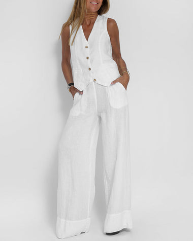 Vivienne | Women's Sleeveless Button-Front Vest and Wide-Leg Pants Set