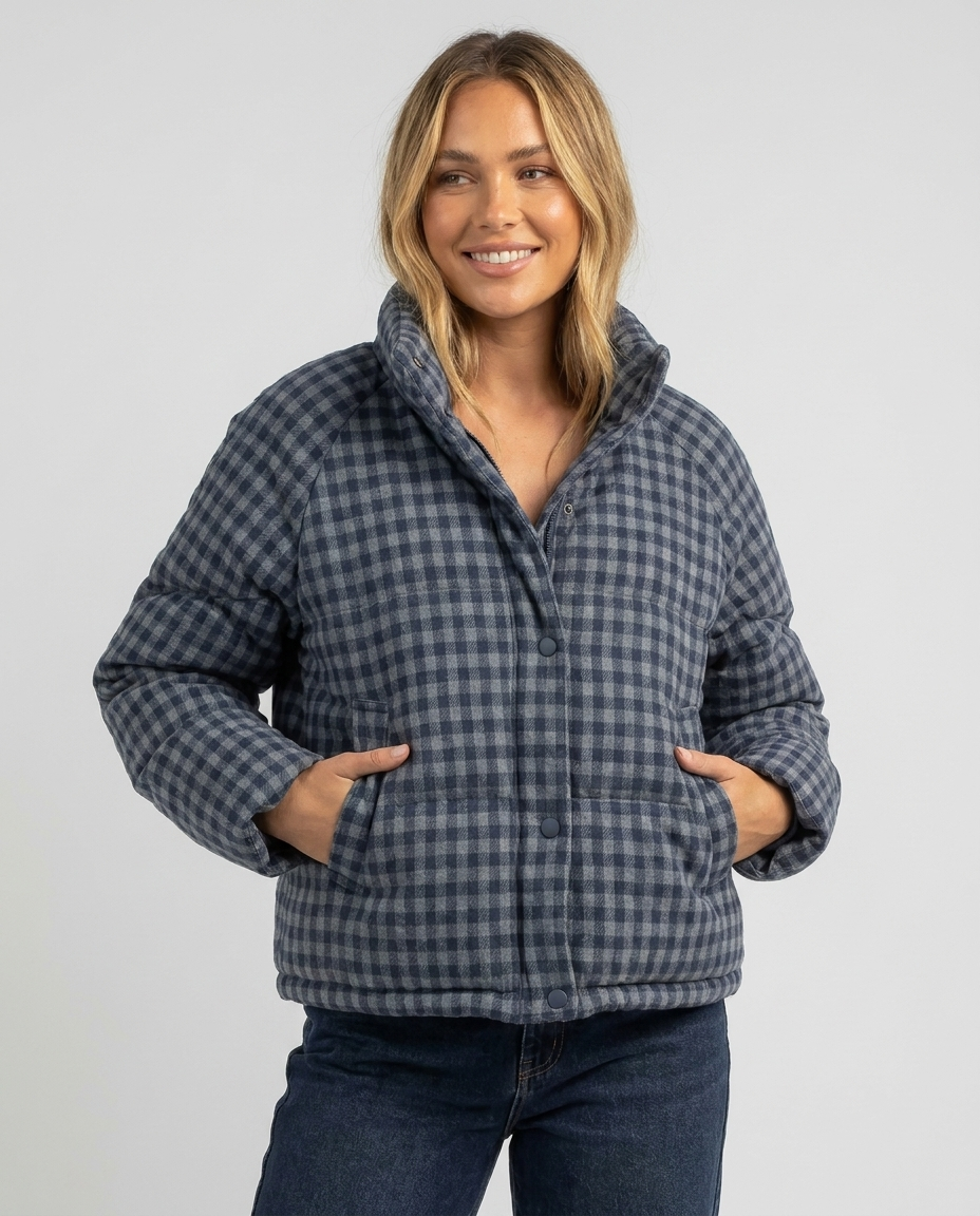 Women's Cropped Puffer Jacket Gingham Check Stand Collar | Button-Up