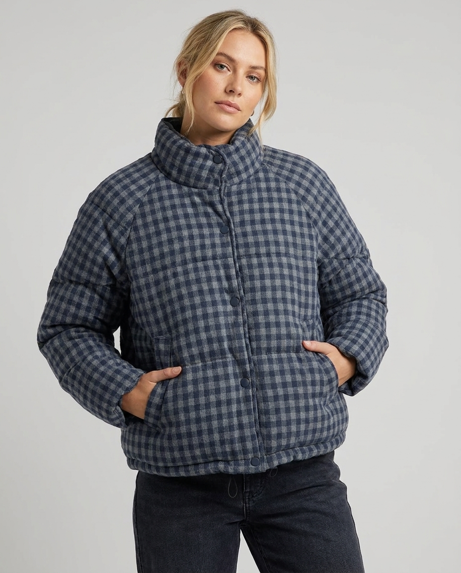 Women's Cropped Puffer Jacket Gingham Check Stand Collar | Button-Up