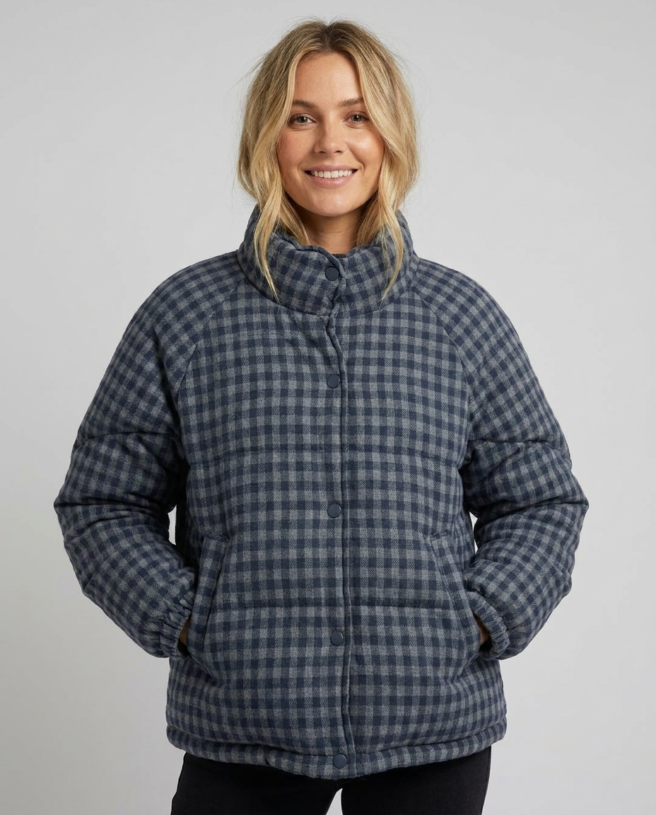 Women's Cropped Puffer Jacket Gingham Check Stand Collar | Button-Up