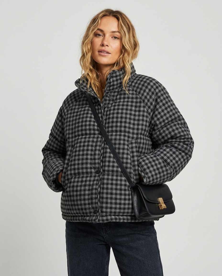Women's Cropped Puffer Jacket Gingham Check Stand Collar | Button-Up