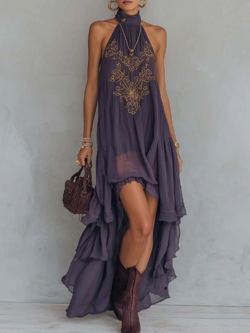 Zavessia | Women's Embroidered Halter-Neck Ruffle Maxi Dress