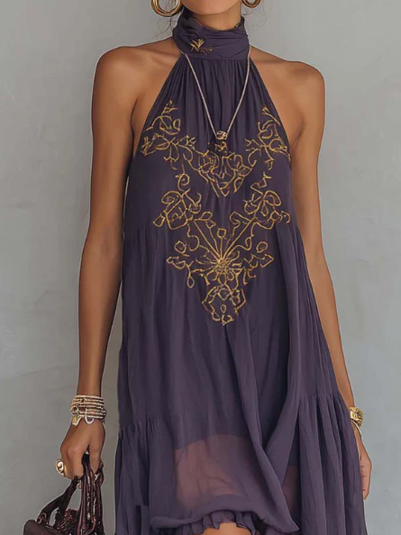 Zavessia | Women's Embroidered Halter-Neck Ruffle Maxi Dress