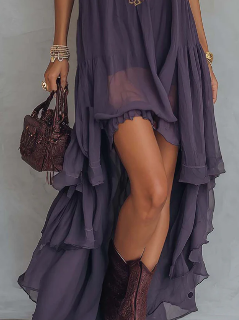Zavessia | Women's Embroidered Halter-Neck Ruffle Maxi Dress