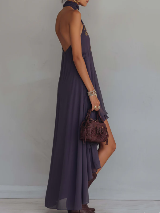 Zavessia | Women's Embroidered Halter-Neck Ruffle Maxi Dress