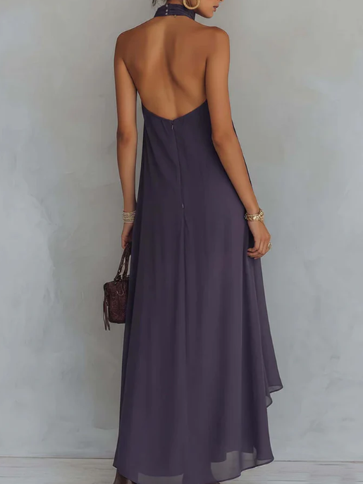 Zavessia | Women's Embroidered Halter-Neck Ruffle Maxi Dress
