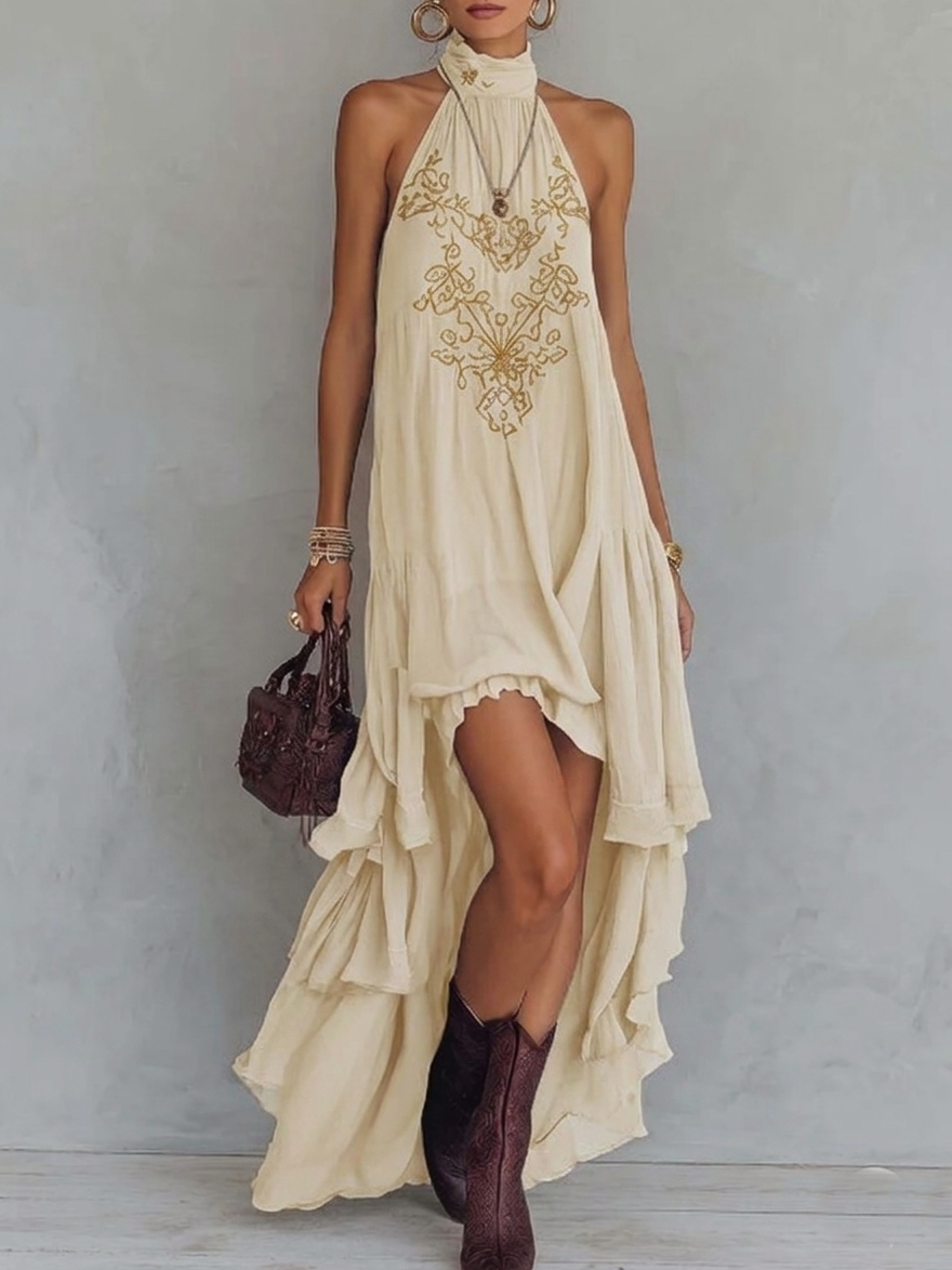 Zavessia | Women's Embroidered Halter-Neck Ruffle Maxi Dress