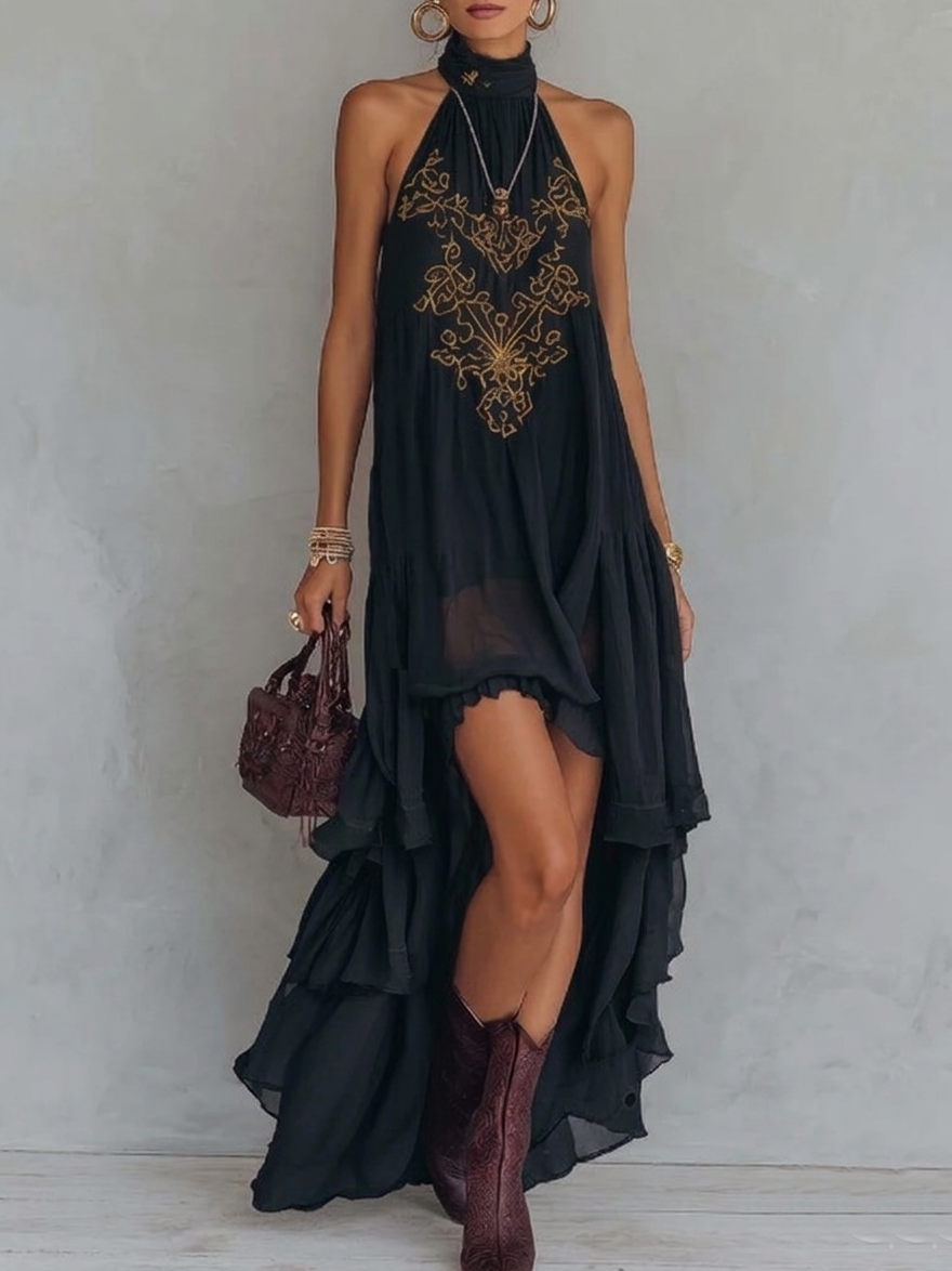 Zavessia | Women's Embroidered Halter-Neck Ruffle Maxi Dress