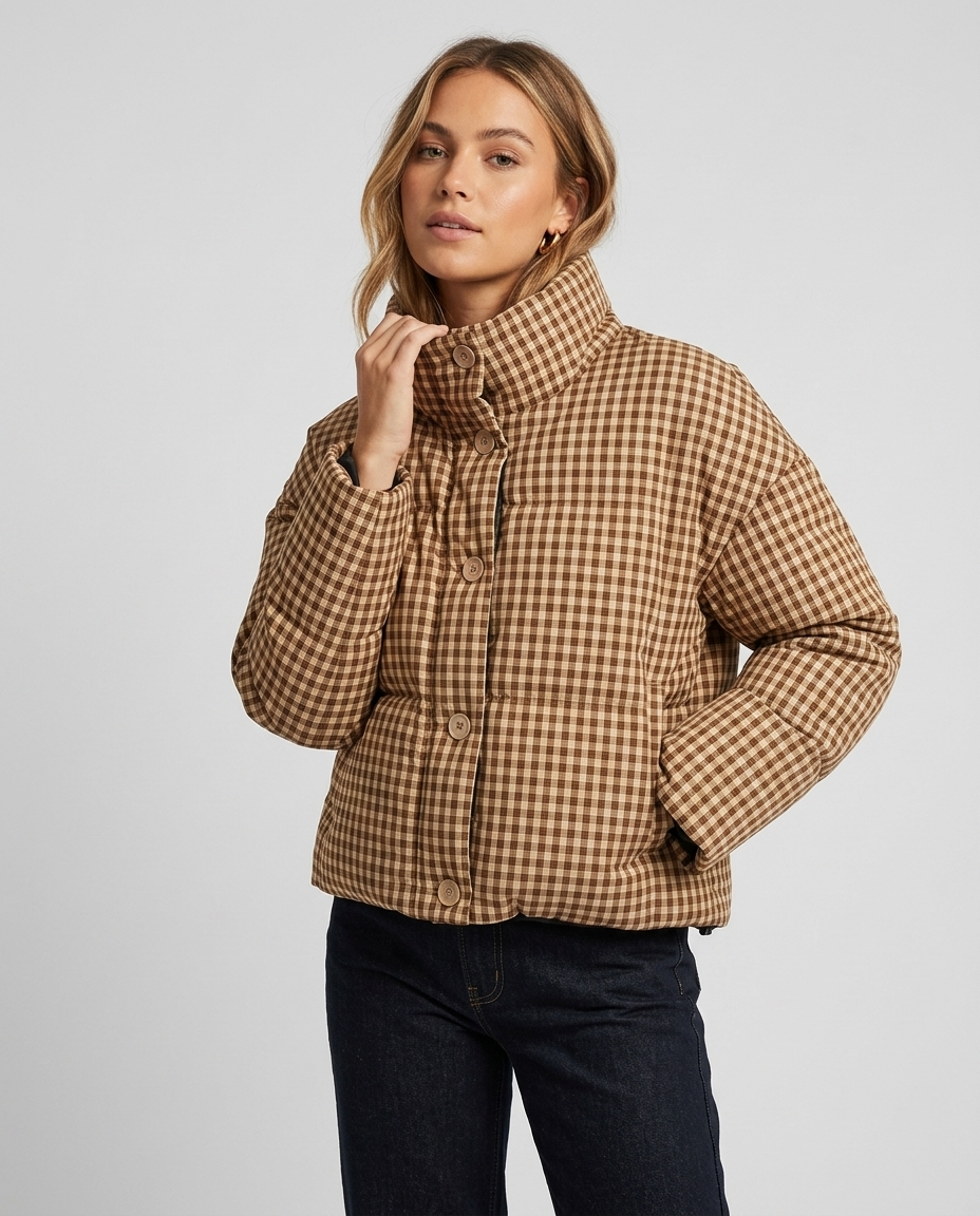 Women's Puffer Jacket Plaid Stand Collar Button-Up | Cropped
