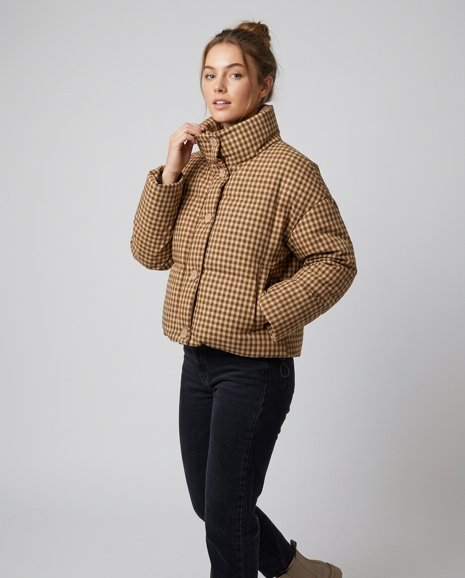 Women's Puffer Jacket Plaid Stand Collar Button-Up | Cropped