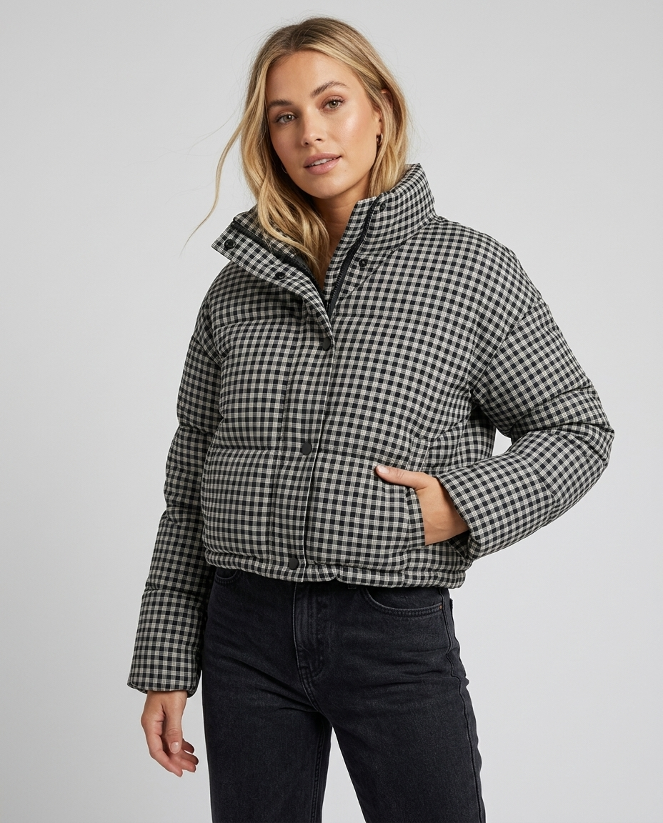 Women's Puffer Jacket Plaid Stand Collar Button-Up | Cropped